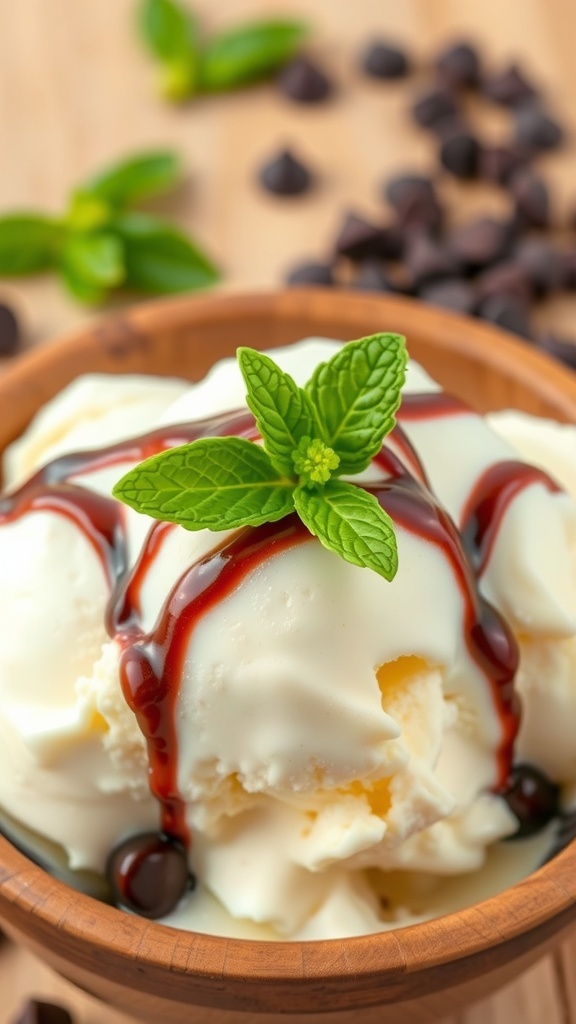 A bowl of vanilla ice cream topped with chocolate sauce and mint, with chocolate chips in the background.